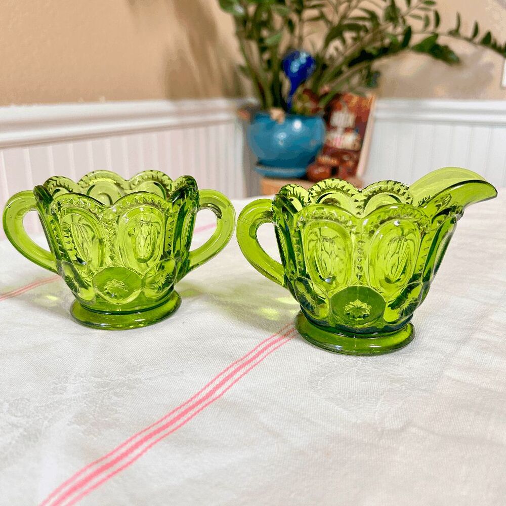 Vintage L.E. Smith Glass Moon and Stars Avocado Green Cream and Sugar Set